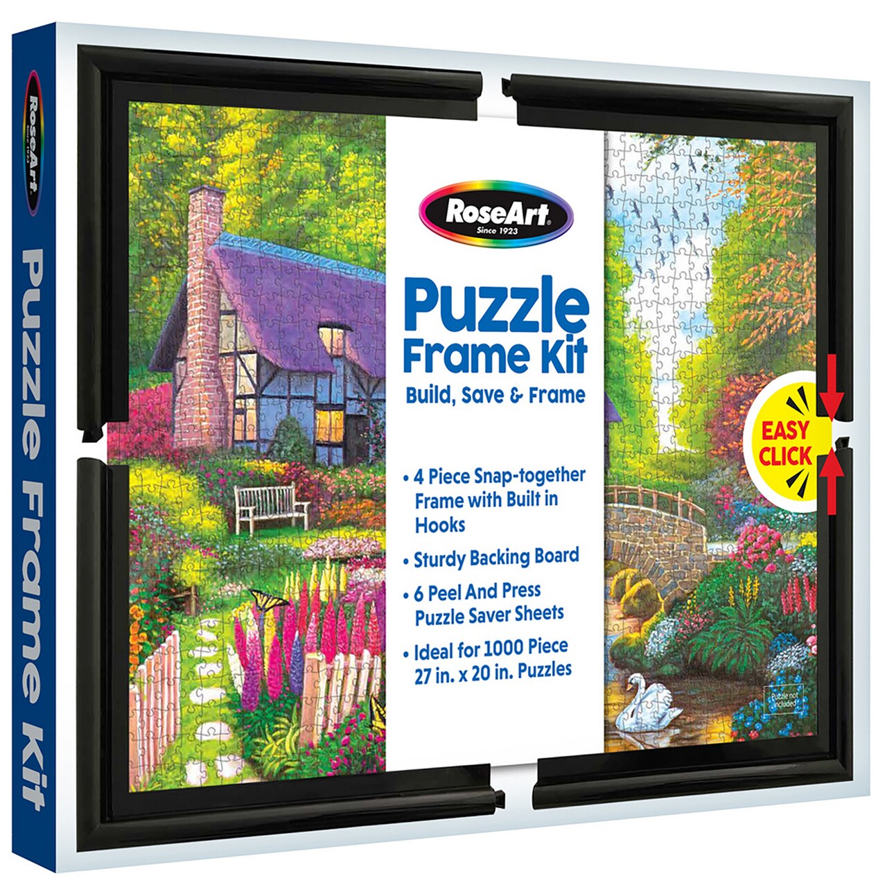 RoseArt: Puzzle Frame Kit - Ideal For 1000pc 27x20" Jigsaws, 4pc Snap-Together Black Frame, 6 Puzzle Saver Sheets, Build-Save-Frame, Display-Preserve